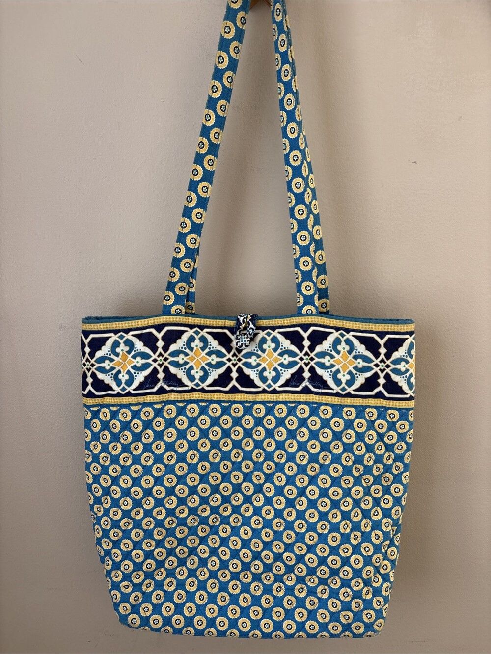 Vintage Vera Bradley Riviera Blue Toggle Tote Retired Quilted Cotton Bag